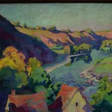 Paysage de rivière aux collines ondulantes et toits rouges, dans le style de Clémentine Ballot.