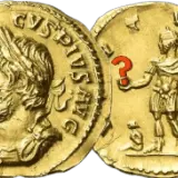 Deux pièces d'or antiques, l'une avec un profil impérial, l'autre avec une figure debout et un point d'interrogation rouge. Un meuble boule ?