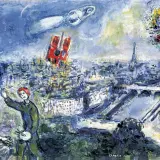 Une peinture de Chagall : Paris vu du ciel, avec Notre-Dame, la Tour Eiffel, un taureau rouge et un personnage flottant.