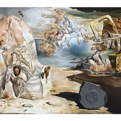 Une scène surréaliste de l'oeuvre Dali, avec des figures déformées, des objets flottants et un paysage onirique.