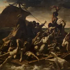 Une peinture romantique dépeignant des survivants désespérés sur un radeau en pleine tempête. La lutte pour la vie et le désespoir sont palpables.