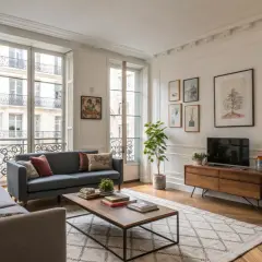 Un salon parisien avec un **mixer moderne et ancien** : canapés confortables, parquet, grandes fenêtres et décoration murale éclectique.