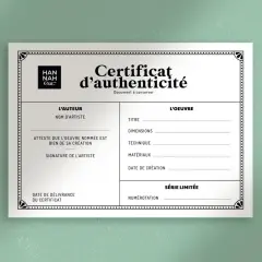 Certificat d'authenticité tableau, attestant de la création originale d'une œuvre d'art. Il détaille l'auteur, l'œuvre, ses caractéristiques et sa numérotation.