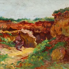 Paysage rocheux aux couleurs chaudes, évoquant une œuvre de Léo Gausson. La lumière joue sur les ocres et les verts.