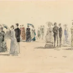 Esquisse d'une foule élégante, peut-être une scène de plage, dans le style du peintre Boudin. Des parasols protègent du soleil.