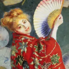 Tableau de Monet : une femme au kimono rouge, tenant un éventail coloré, entourée d'autres éventails.