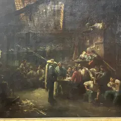 Une scène de taverne animée par Hippolyte Lazerges, où des hommes discutent et boivent dans une ambiance sombre et chaleureuse.