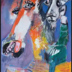 Portrait expressif d'un cheval et d'un homme, dans le style de Bernard Lorjou, aux couleurs vives et aux formes audacieuses.