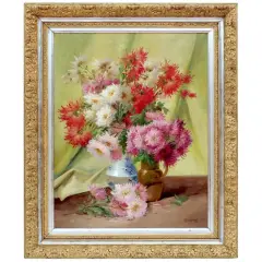 Peintre Godchaux prix : bouquet de chrysanthèmes rouges, blancs et roses dans des vases, sur fond vert.