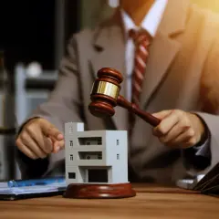 Un juge frappe avec son maillet sur une maquette de bâtiment, symbolisant une vente aux enchères immobilière.