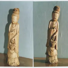 Deux statuettes en ivoire, représentant une femme tenant un panier de poissons. La finesse de la statuette ivoire est remarquable.