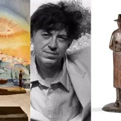 Trois éléments des œuvres d'art de Jean-Michel Folon : un paysage onirique, le portrait de l'artiste, et une sculpture d'un homme au chapeau.