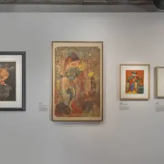 Œuvres de Gaston Chaissac : un portrait expressif, une composition abstraite vibrante et deux scènes colorées.