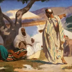 Scène orientale peinte par Prosper Marilhat. Des personnages en habits traditionnels discutent sous un arbre, dans un paysage désertique.