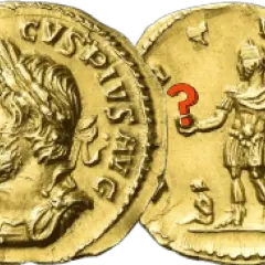 Deux pièces d'or antiques, l'une avec un profil impérial, l'autre avec une figure debout et un point d'interrogation rouge. Un meuble boule ?