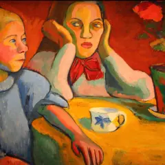 Portrait de deux jeunes femmes, peut-être Sonia et Robert Delaunay, assises à une table jaune avec une tasse et une plante.