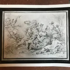 Esquisse de putti jouant, avec la signature du peintre Boucher.