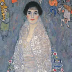Portrait d'une femme par Gustav Klimt, entourée de figures colorées rappelant des œuvres d'art asiatiques.