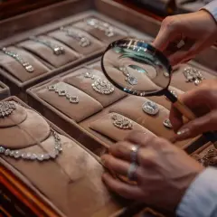 Un expert en pierre précieuse examine des colliers et pendentifs en diamants dans une vitrine.