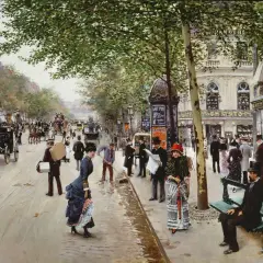 Scène animée de rue parisienne par Jean Béraud, avec des calèches, des passants élégants et des boutiques.