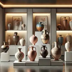 Collection de vases anciens, une **estimation vase** pour chaque pièce. Divers styles et textures, certains ornés de motifs complexes, d'autres plus sobres.
