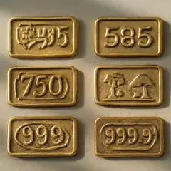 Six plaquettes dorées gravées de chiffres et symboles, dont un poinçon or 14 carats.