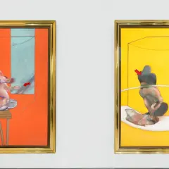 Deux œuvres d'art de Francis Bacon. Figures humaines déformées dans des cages colorées, sur fond orange et jaune vif.
