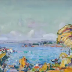 Peinture impressionniste d'une baie avec des maisons colorées et des rochers.