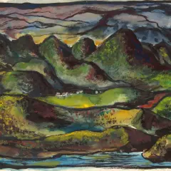 Paysage aux collines verdoyantes et sombres, sous un ciel orageux. Une touche de Richard Diebenkorn dans cette œuvre expressive.