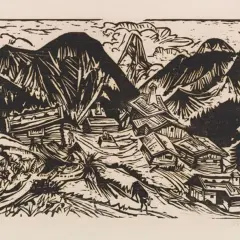 Paysage montagneux avec des chalets, dans le style de **Paul Klee**. L'œuvre évoque une scène alpine avec des formes stylisées et un contraste marqué entre noir et blanc.