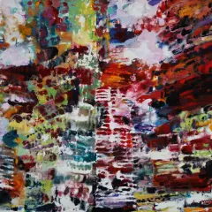 Abstraction vibrante aux touches de rouge, vert et blanc. Une œuvre qui pourrait bien valoir le philippe cognée prix.