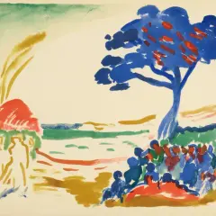 Scène estivale en **raoul dufy aquarelle**. Un arbre bleu domine, des silhouettes se rassemblent sous son feuillage rougeoyant.