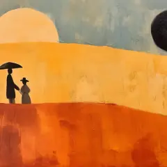 Deux silhouettes sous un parapluie, dans un paysage abstrait aux couleurs chaudes, évoquant l'univers de Milton Avery.