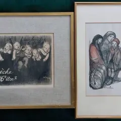 Deux œuvres de Steinlen : une crèche animée de bébés et une famille en détresse devant un paysage urbain.