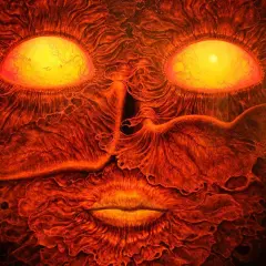 Œuvres d'art de Zdzisław Beksiński : un visage tourmenté aux yeux ardents, sculpté dans des textures organiques rougeoyantes.