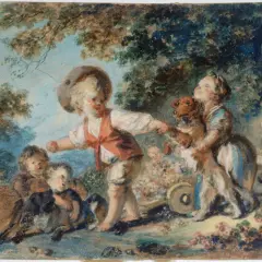 Enfants jouant avec un chien, un tableau de Fragonard. Le prix de ce tableau est estimé.