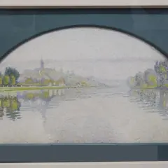 Paysage fluvial impressionniste, évoquant une "manzana Pissarro" par ses touches de lumière et ses reflets sur l'eau.