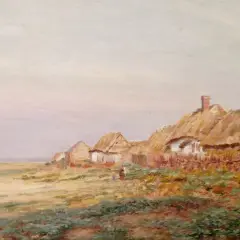 Paysage rural de Firmin Girard avec des chaumières au toit de chaume et des personnages.