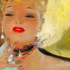 Un portrait sensuel par le peintre Domergue, une femme aux lèvres rouges et aux boucles d'oreilles scintillantes, caressée par une main masculine.