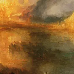 Œuvres d'art de Joseph Mallord William Turner : un paysage fluvial embrasé par un soleil couchant, avec des silhouettes sur la rive et des barques sur l'eau.