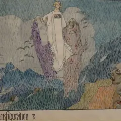 Gustave Adolphe Mossa dépeint une transfiguration céleste avec des figures éthérées flottant au-dessus de montagnes, tandis que des visages humains regardent d'en bas.
