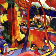 Paysage aux couleurs vives, un exemple de fauvisme déf. L'art exprime la nature avec des teintes audacieuses et non réalistes.