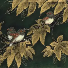 Trois oiseaux aux plumes grises et blanches, ornés de taches rouges, se posent sur une branche parmi des feuilles dorées. L'œuvre évoque un style Gaston Suisse.