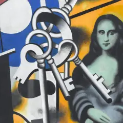 Œuvres d'art de Fernand Léger : une Mona Lisa stylisée, des clés argentées et des formes géométriques bleues et noires sur fond jaune.