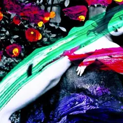 Une femme repose, peinte de couleurs vives, dans un style rappelant Nobuyoshi Araki. Des fleurs rouges et roses contrastent avec le vert et le rouge abstraits.
