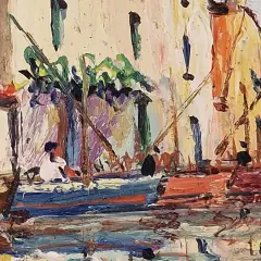 Peinture de Vincent Manago : un port animé avec des bateaux colorés et des silhouettes humaines.