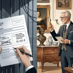 Un homme examine un formulaire fiscal, choisissant entre un forfait mobilier de 18 500 € et une déclaration d'inventaire de 10 450 €.
