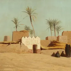Un village ocre sous le ciel bleu, avec des palmiers et des silhouettes voilées. Une œuvre de Théodore Frère.