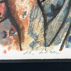 Signature de Theo Tobiasse sur une œuvre abstraite aux couleurs chaudes et froides, évoquant une scène onirique.