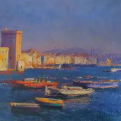 Peinture d'un port avec des bateaux et un fort au soleil.
